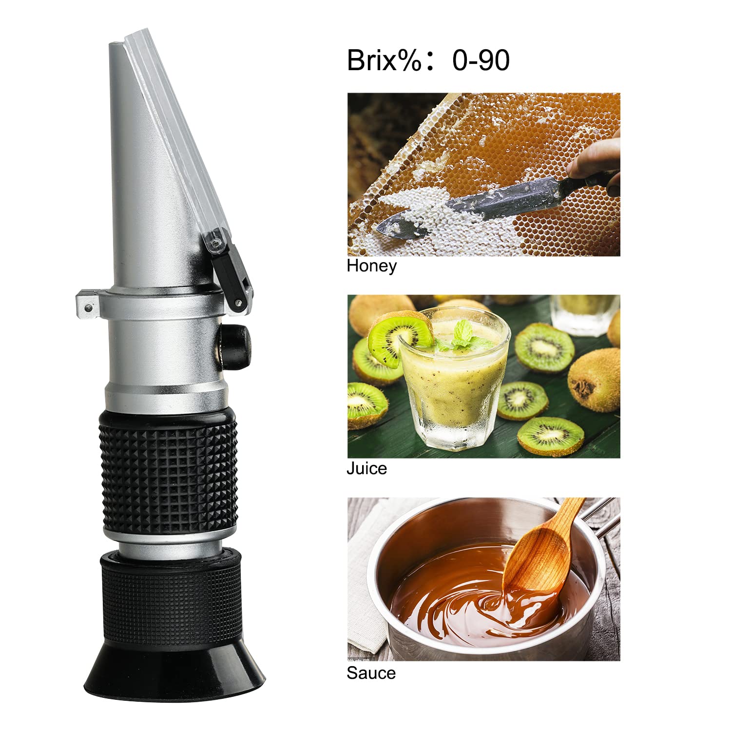 Réfractomètre Brix 0 ~ 90 %, réfractomètre à main pour sucre, mètre Brix haute précision avec ATC pour fruits, boissons et jus, miel, sirop d'érable, mélasse et autres boissons sucrées