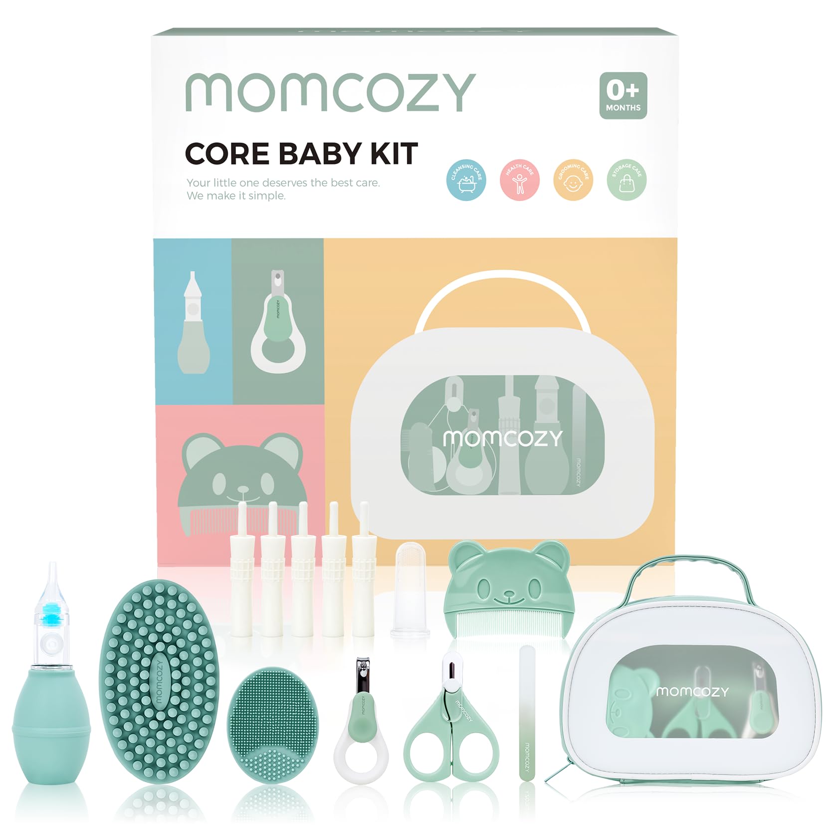 MomcozyCore Baby Kit, Baby Shower & Registry Essential Kit for Grooming&Health&Cleansing Care, Includes Nail File Kits, Nasal Aspirator, Gas Relief Tubes, Bath Brushes, Toothbrush, Comb, Storage Case