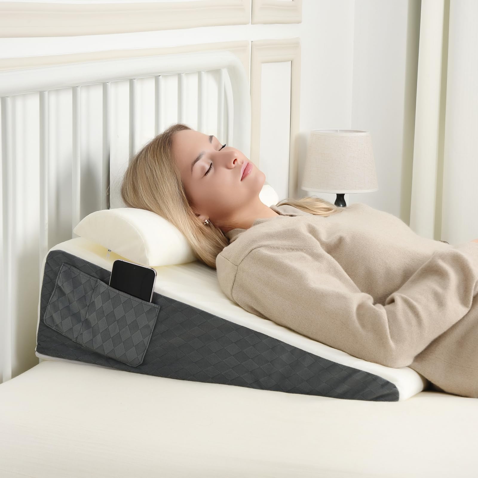 Bed Wedge Pillow for Sleep Apnea, 22''x22''x7'' Triangle Wedge Pillow with Neck Pillow for Sleeping, Acid Reflux, Back Pain Relief, Post Surgery, GERD, Bed Wedge Pillow for Sleep Apnea