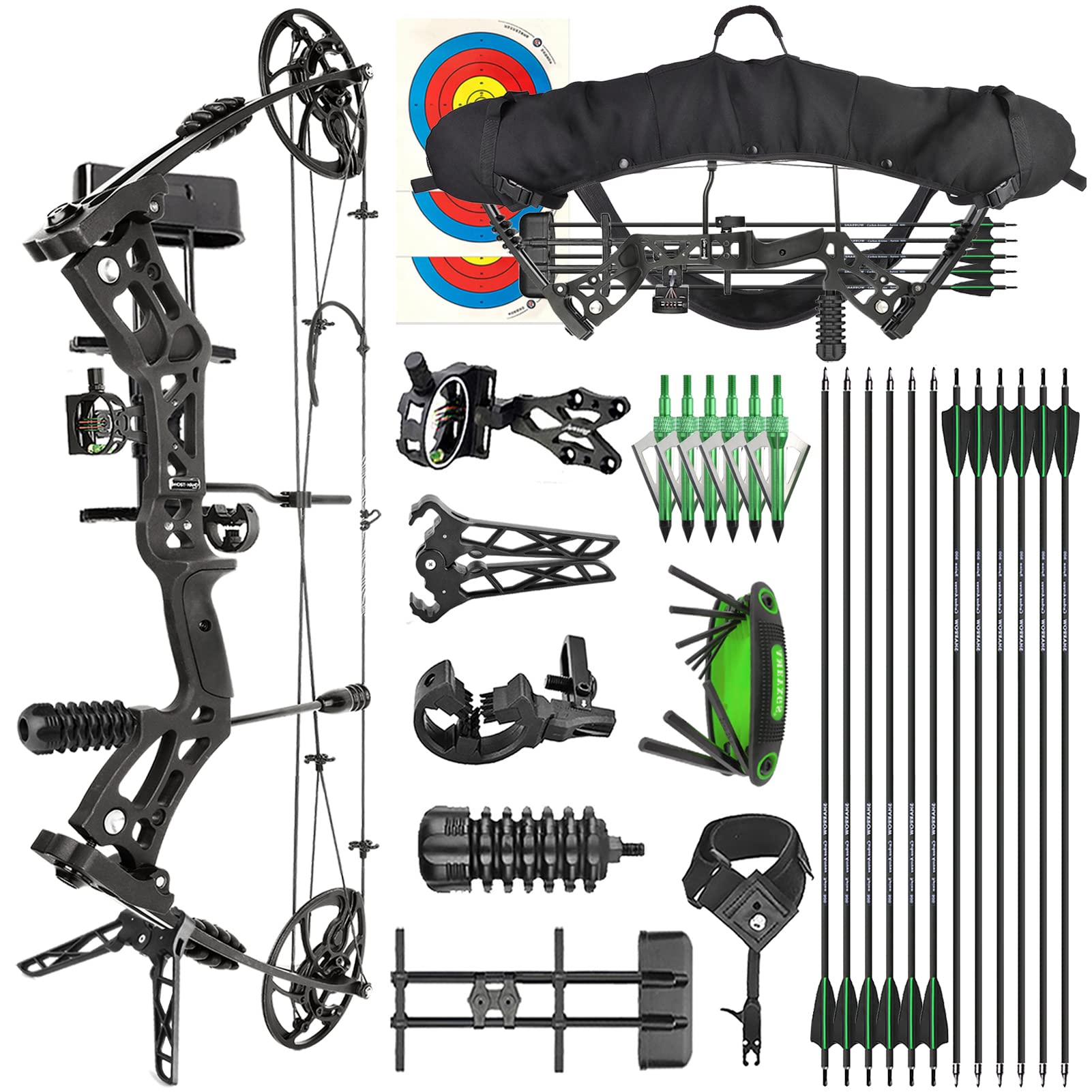 Set Arco Compound Archi 30-70lbs regolabile Tiro con l'arco Arco da tiro Arco da caccia Arco da tiro Kit Archi Compound per Adulti Principianti Professionale per Destrorso (Nero - Set 2)
