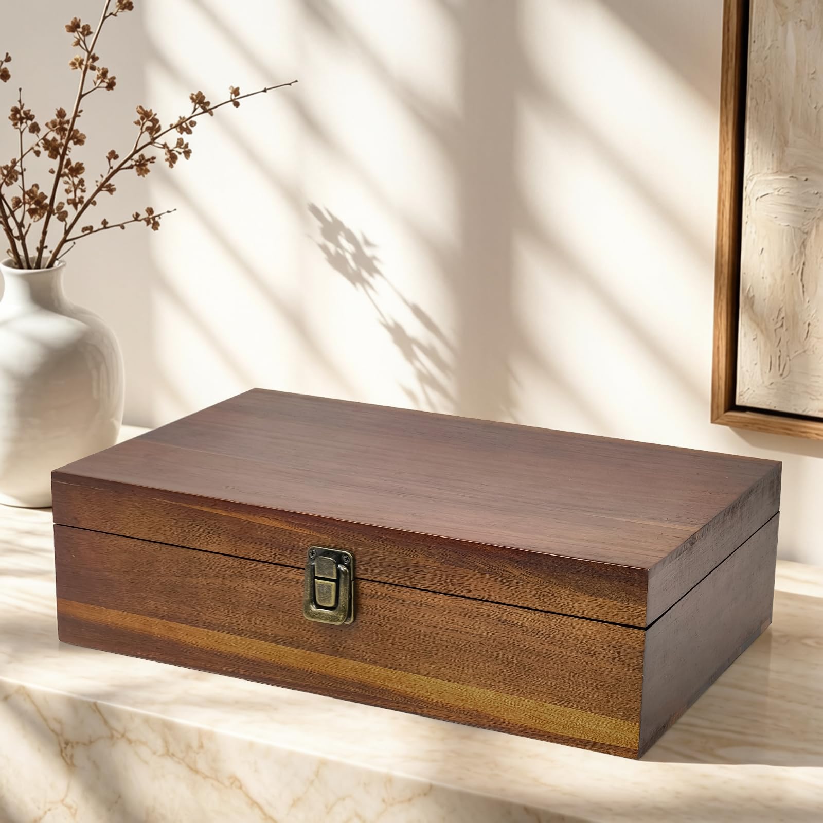 Wooden Keepsake Box with Hinged Lid – 13.78″ Large Memory Storage Organizer for Photos, Letters, Jewelry &amp; Time Capsules, Rustic Home Decor Gift Box