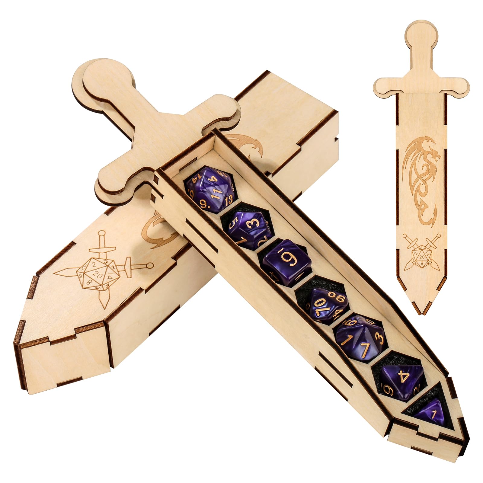 Portadadi a forma di spada con 7 dadi poliedrici viola, Contenitore in legno per accessori D&D, Scatola portaoggetti per giochi di ruolo, Set regalo per giochi da tavolo fantasy