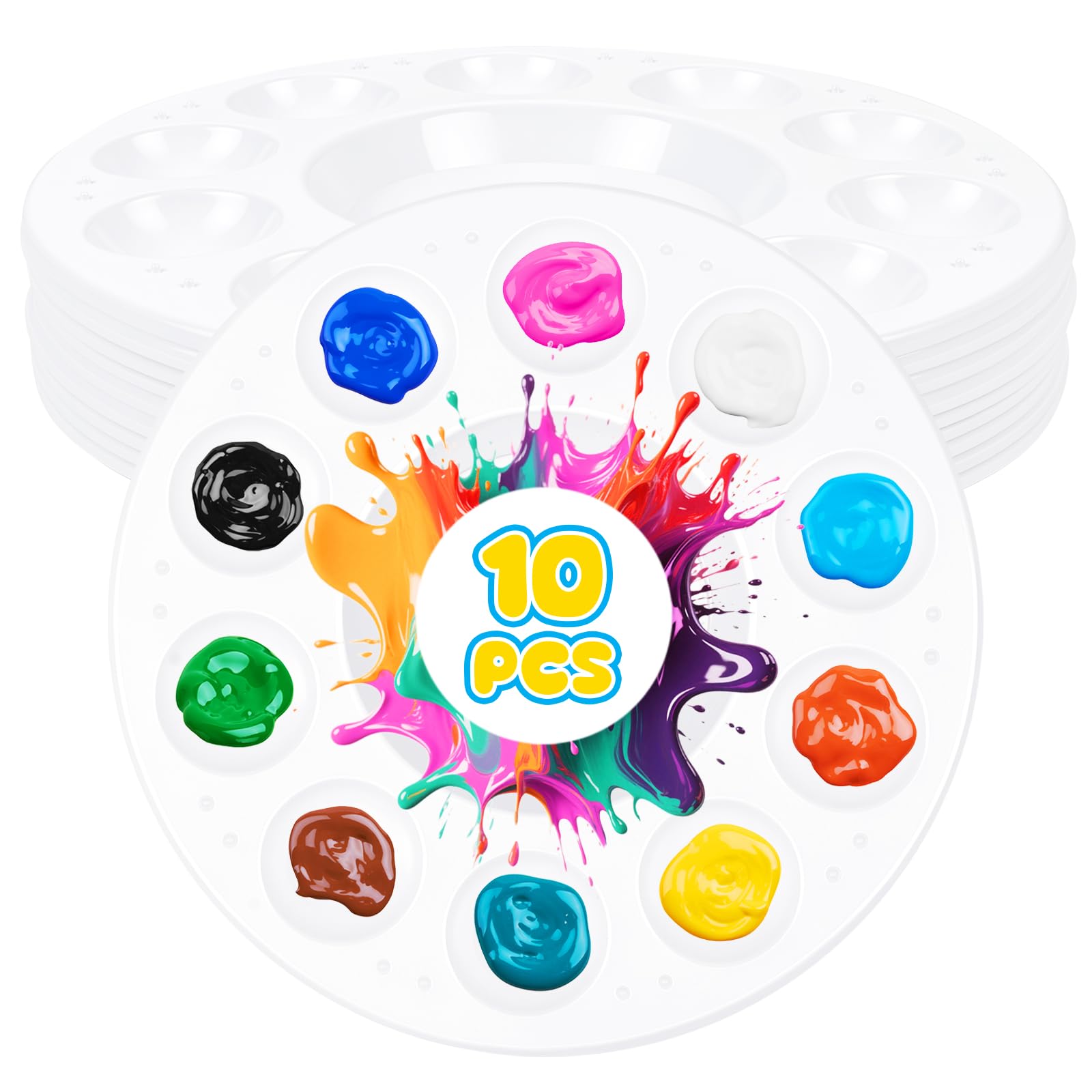 Alaoo Round Paint Tray Palette, 10 Pcs Painting Palette Watercolour with 10 Wells and 1 Central Reservoir, Paint Tray Palette for Watercolours Oil Acrylic Painting, Round