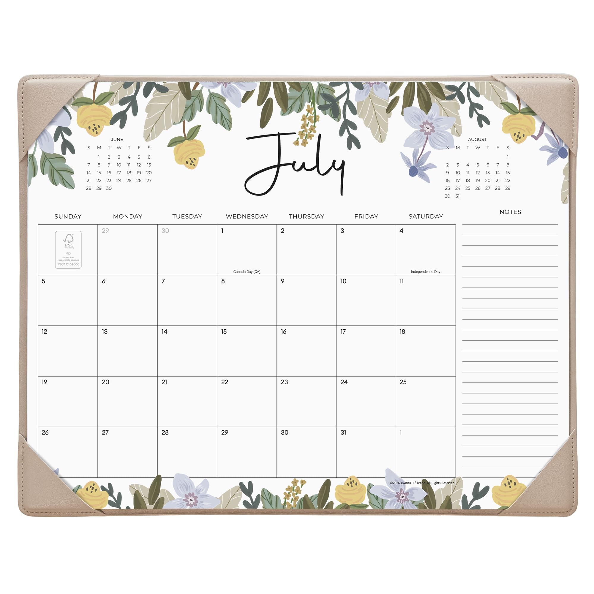 Cabbrix Calendrier de bureau 2026-2027 avec sous-main - 38,1 x 30,5 cm - 12 mois de juillet 2026 à juin 2027 - Calendrier de sous-main pour la maison, l'école et le bureau (floral)