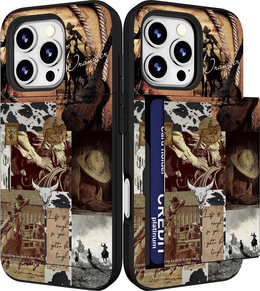IWONE Compatible with iPhone 16 Pro Max Case with Card Holder Cute Shockproof Drop Protection Phone Wallet Slot Cover Cases for Women - Brown Cowboy Country Western