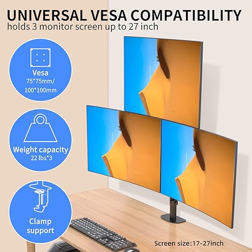 Miniatura 3 de Pholiten Soporte de monitor triple, soporte de escritorio para monitor LCD de 13 a 27 pulgadas, poste extra alto de 31.5 pulgadas, soporte