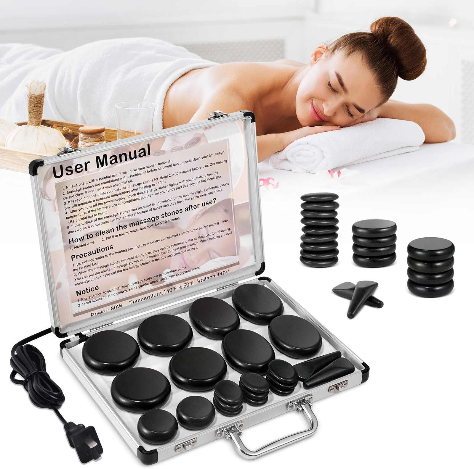 21 Pcs Hot Stones Massage Set, Hot Rocks Basalt Massage Stones for Home Spa Warming Therapy Relaxing