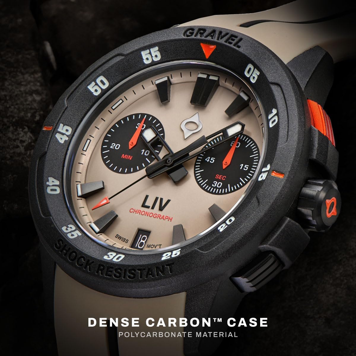 LIV Gravel 002 - Chronograph Dense Carbon Watch for Men - Outdoor Activities - Swiss Quartz - Shock Resistant - Water Resistant to 330 feet - Unisex