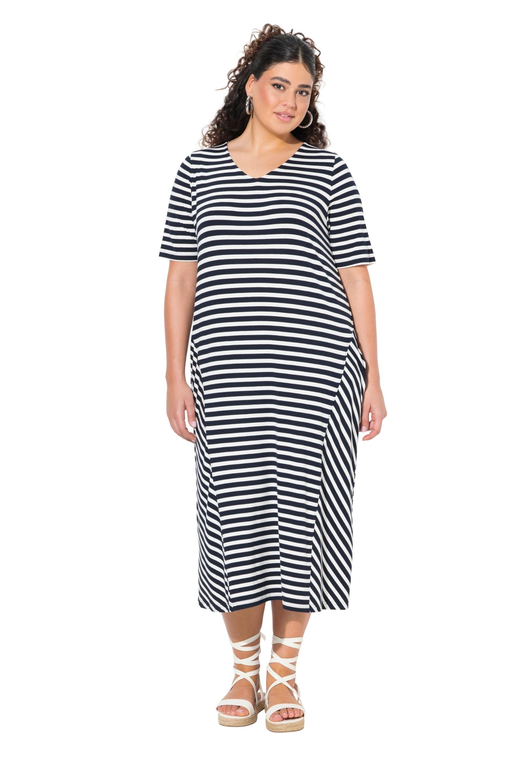 Ulla Popken Damen große Größen Übergrößen Plus Size Midikleid, Ringel, A-Linie, V-Ausschnitt, Halbarm, Taschen 838561