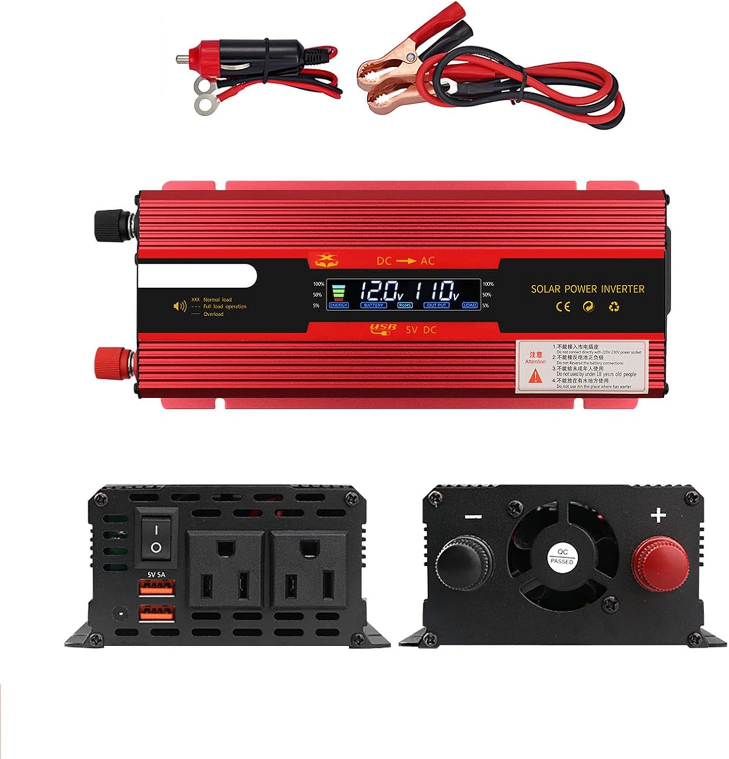 Power Inverter 12V/24V to 110V/220V AC Car Converter, 12V Inverter with Cigarette Lighter, 2 USB and 2 Sockets Car Adapter with LCD Display,Red12/24V-7000W