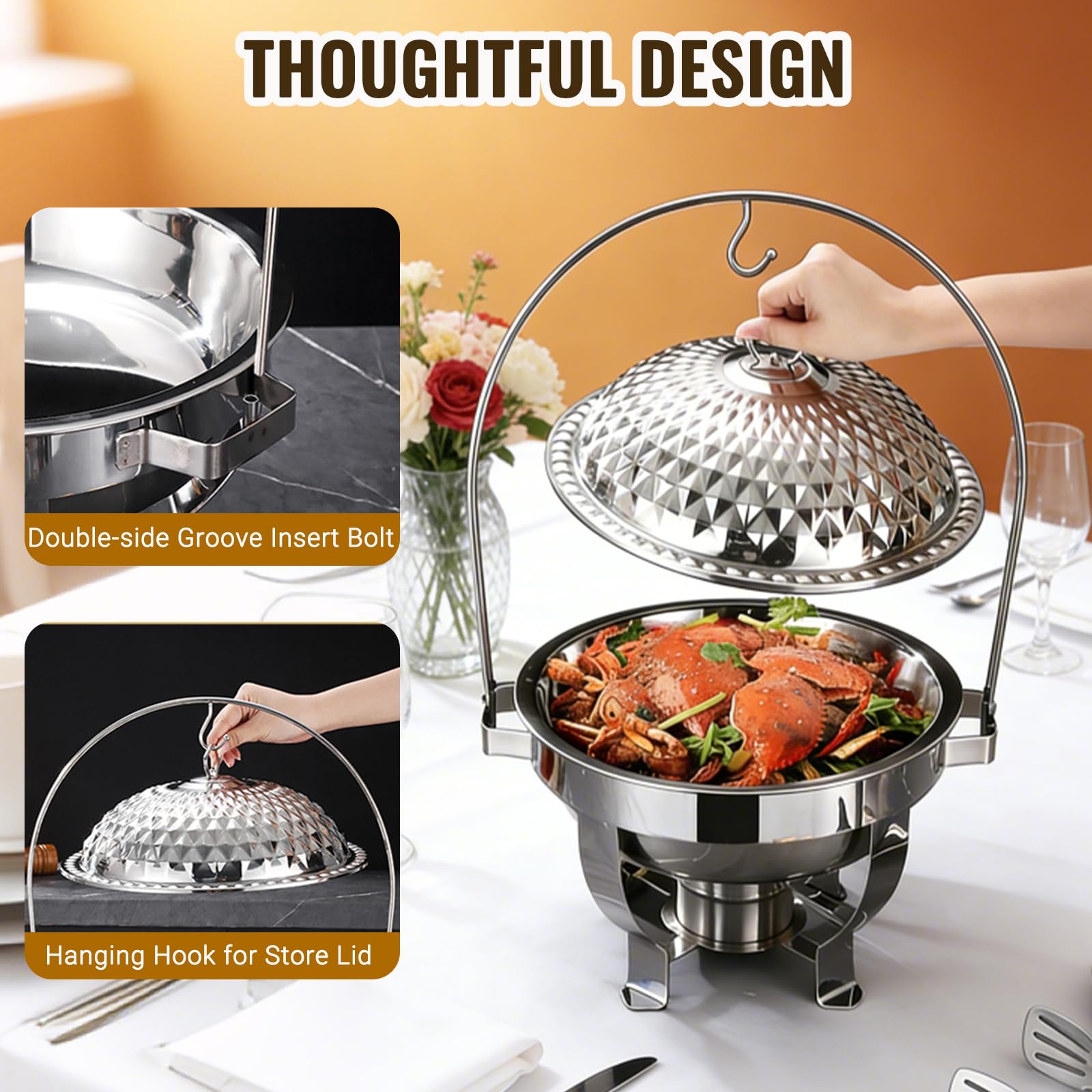 Set di scaldavivande da buffet, con coperchio sospeso, piano cottura da pranzo, scaldavivande rotondo in acciaio inox, scaldavivande da buffet, vassoio riscaldante da bancone, lavabile in