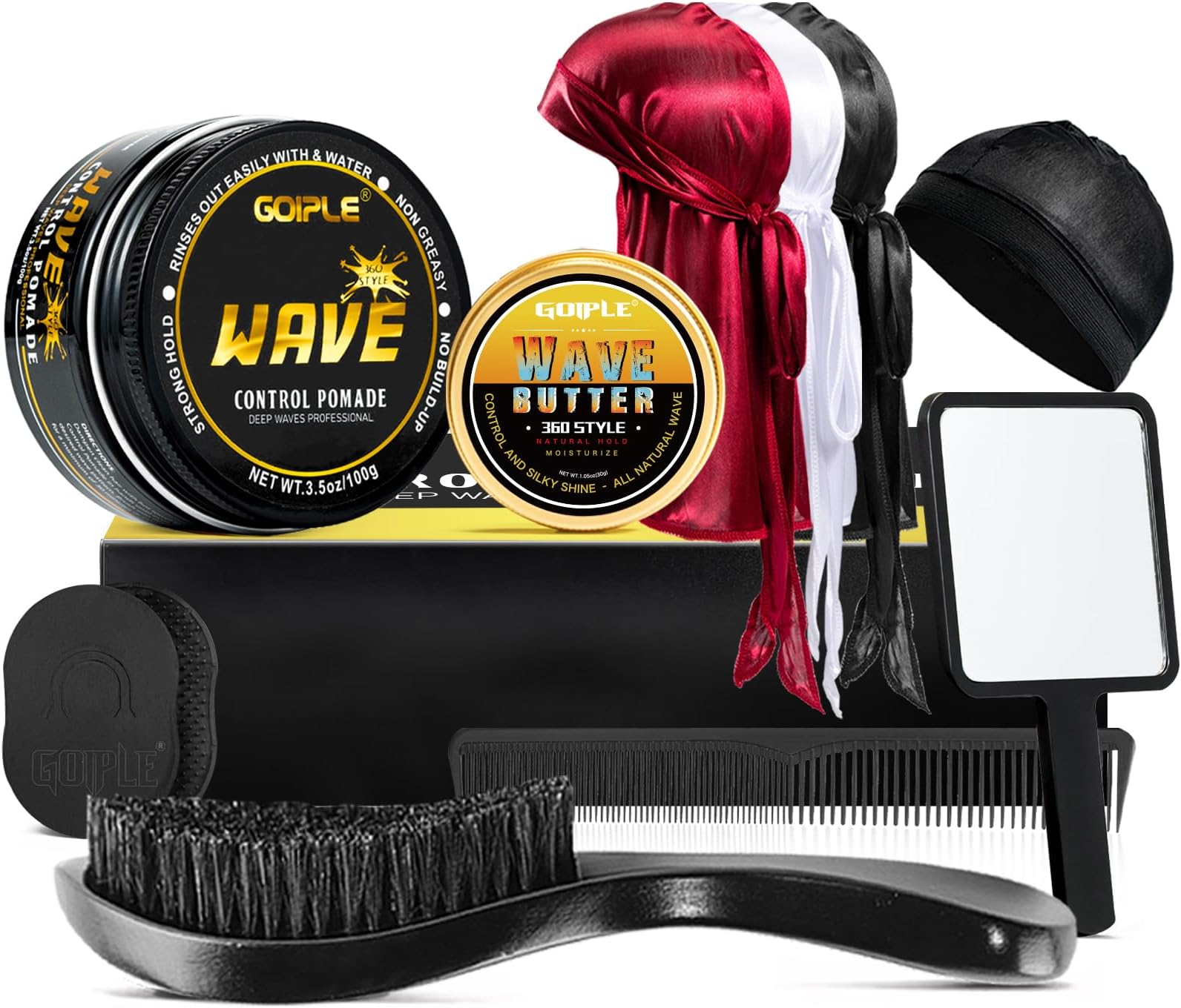 Wave Pomade for Men Strong Hold Easy Wash 360 Wave Training Hair Cream, Waves Grease for Men Promotes Layered Waves, Moisture, Control and Silky Shine, Wave Kit Curved Medium Waves Brush Silky Durag