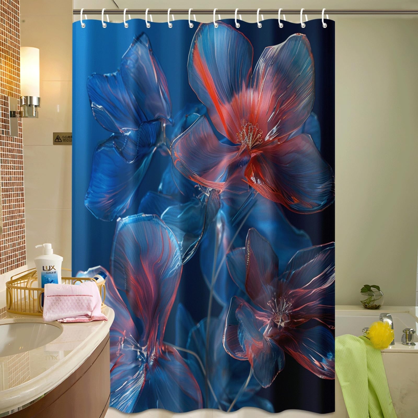 Tenda Doccia Fiori Rosso Blu Tenda Doccia Antimuffa Impermeabile Poliestere Lavabile con 12 Ganci Facile da Installare Tende Finestra Bagno per Dormitorio Hotel(180x220cm)