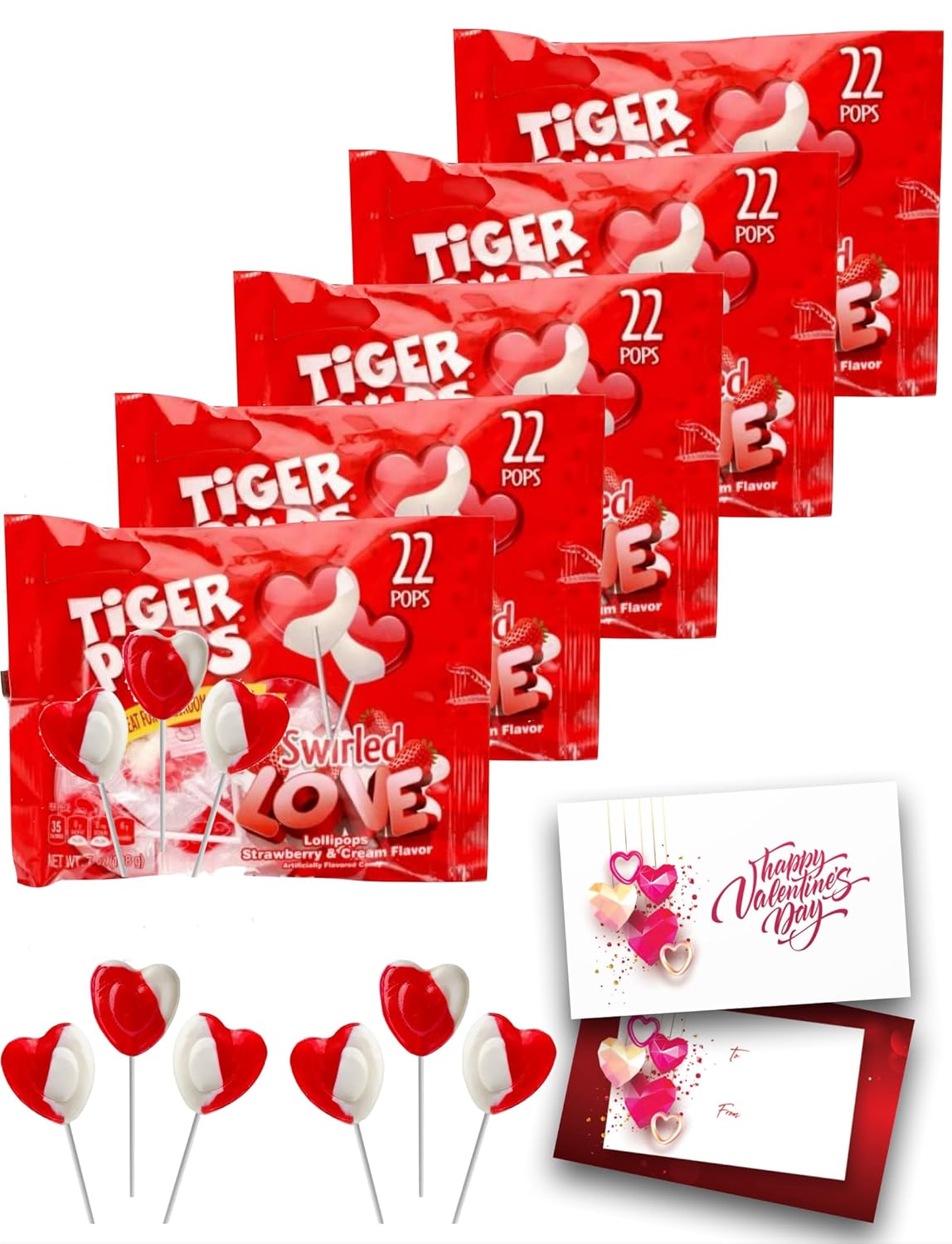 Valentine's Day Heart Lollipops (110 Pops) | Classroom Exchange Candy Pops | Tiger Lollipop Heart Shaped | School Kids & Teacher Party Gift | With Valentine Card (Strawberry Cream - (110 Count))