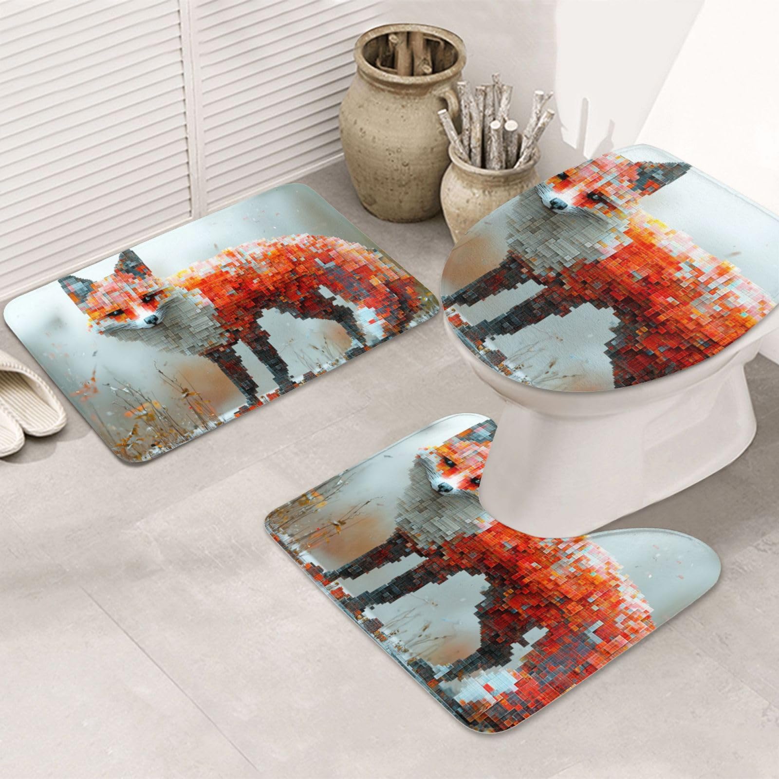 Alfombras de baño de microfibra antideslizantes juego de 3 piezas Pixel Fox lavables a máquina