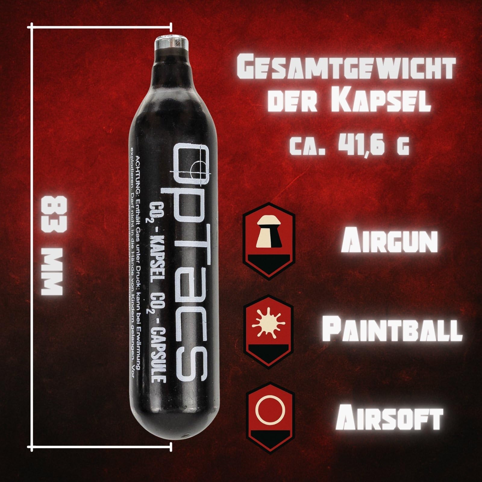 OpTacs CO₂-Kapseln 12g – 5 Stück – für Airsoft, Softair und Luftdruckwaffen – sauber versiegelt, konstante Leistung, rückstandsfrei, korrosionsgeschützt, 12g-System kompatibel