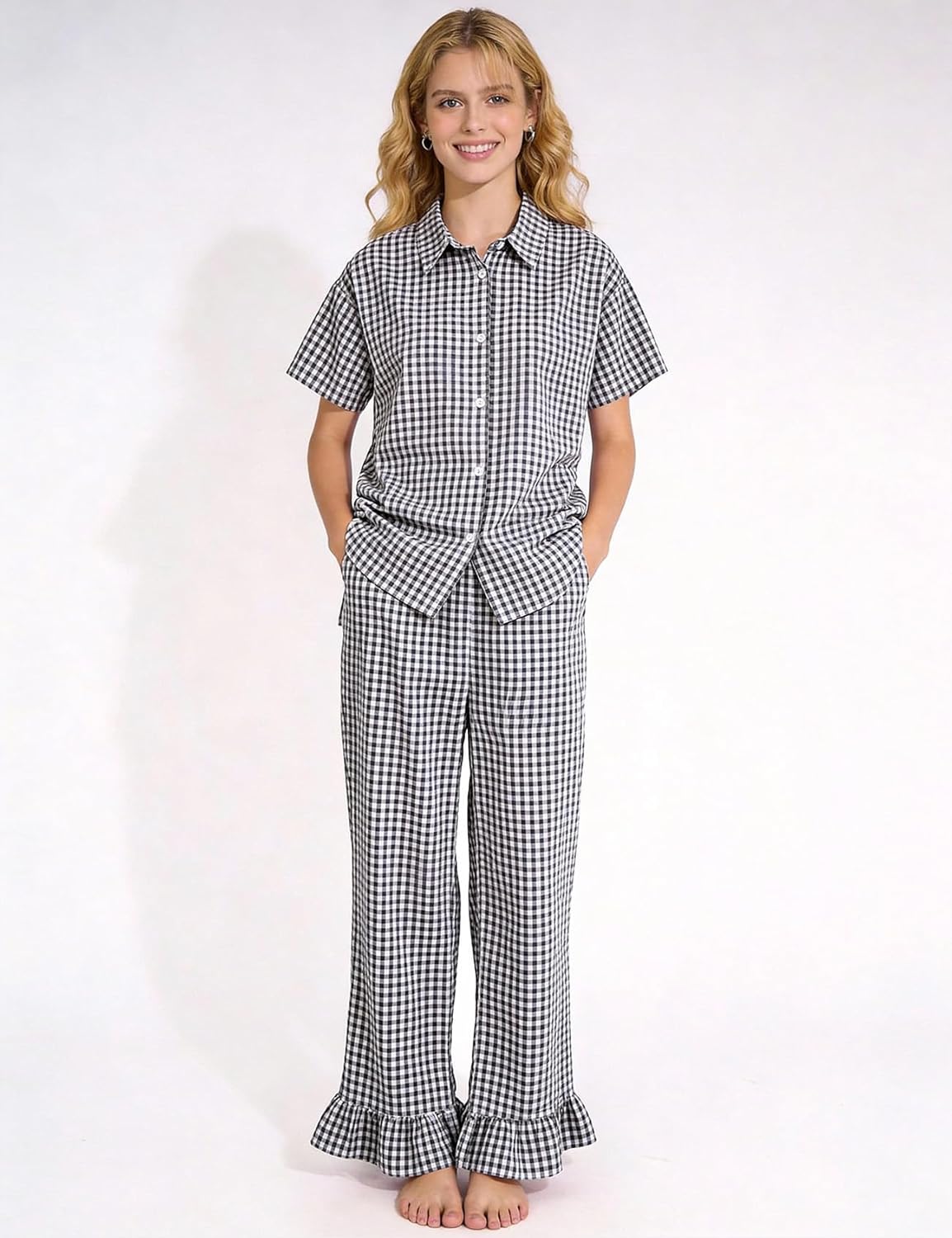 COZYPOIN Womens Gingham 2 Piece Set Plaid Cotton Pajama Sets Short Sleeve Button Shirt and Ruffle Pants Vacation Loungewear - Image 7