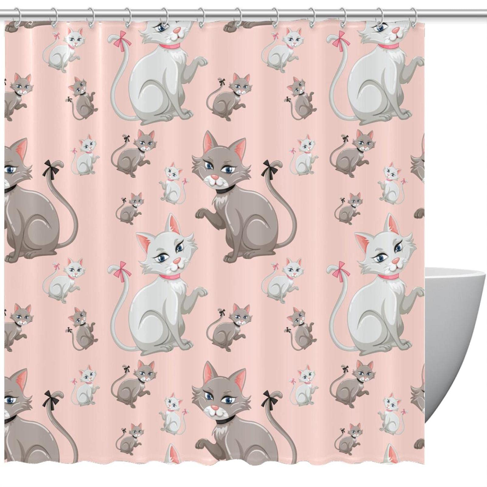 Rideau de douche chaton mignon avec crochets pour salle de bain d'enfants