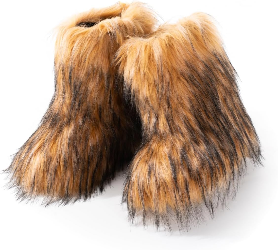 IXU Women's Faux Fur Boot Furry Fluffy Round Toe Suede Snow Winter Women Boots Comfy Plush Warm Short Outdoor Indoor Flat Shoes Mid-Calf Boots - Image 3