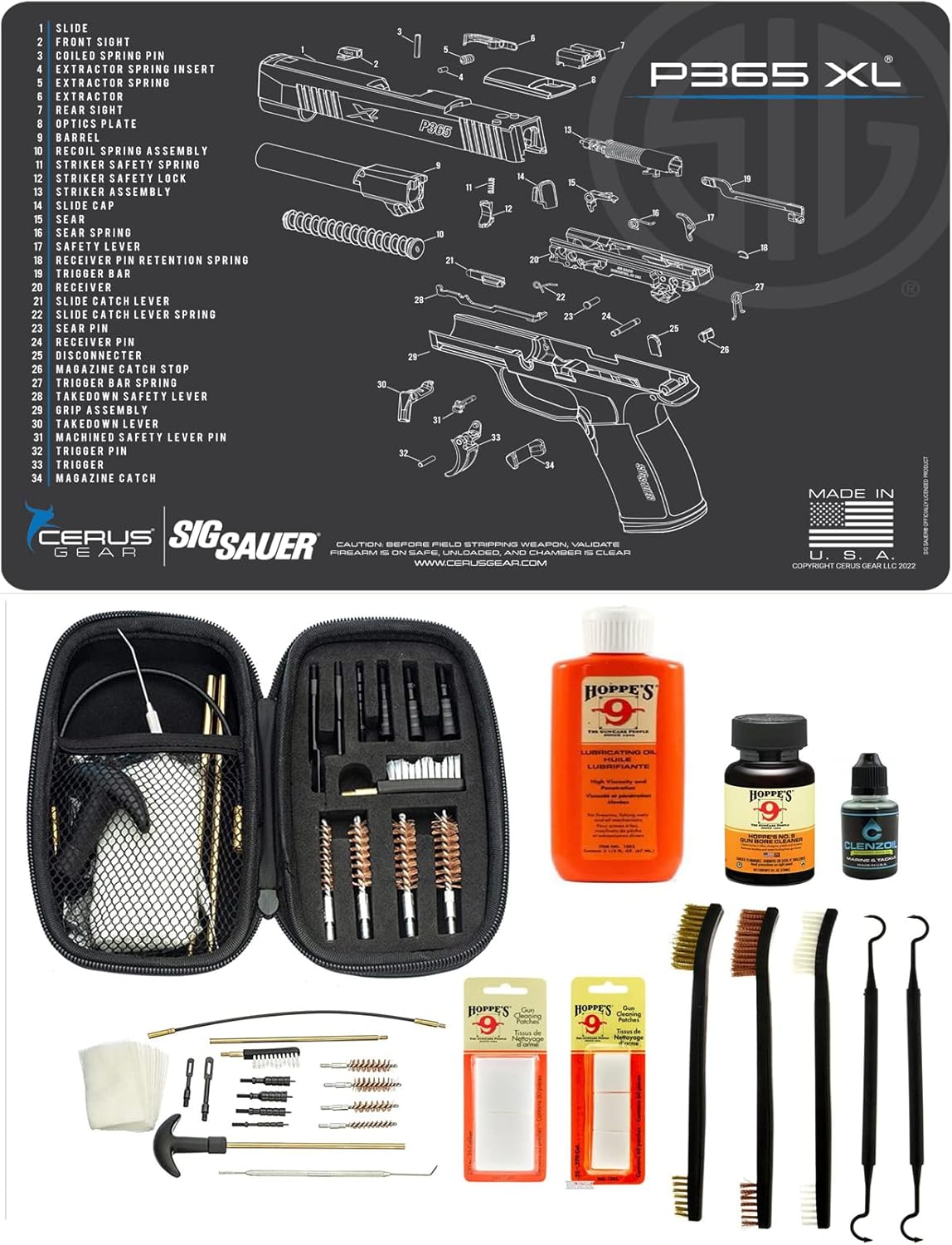 Range Warrior 27 Pc Gun Cleaning Kit - Compatible with SIG P365XL - Schematic (Exploded View) Mat, Range Warrior Universal .22 9mm - .45 Kit & Tac Book Accessories Set