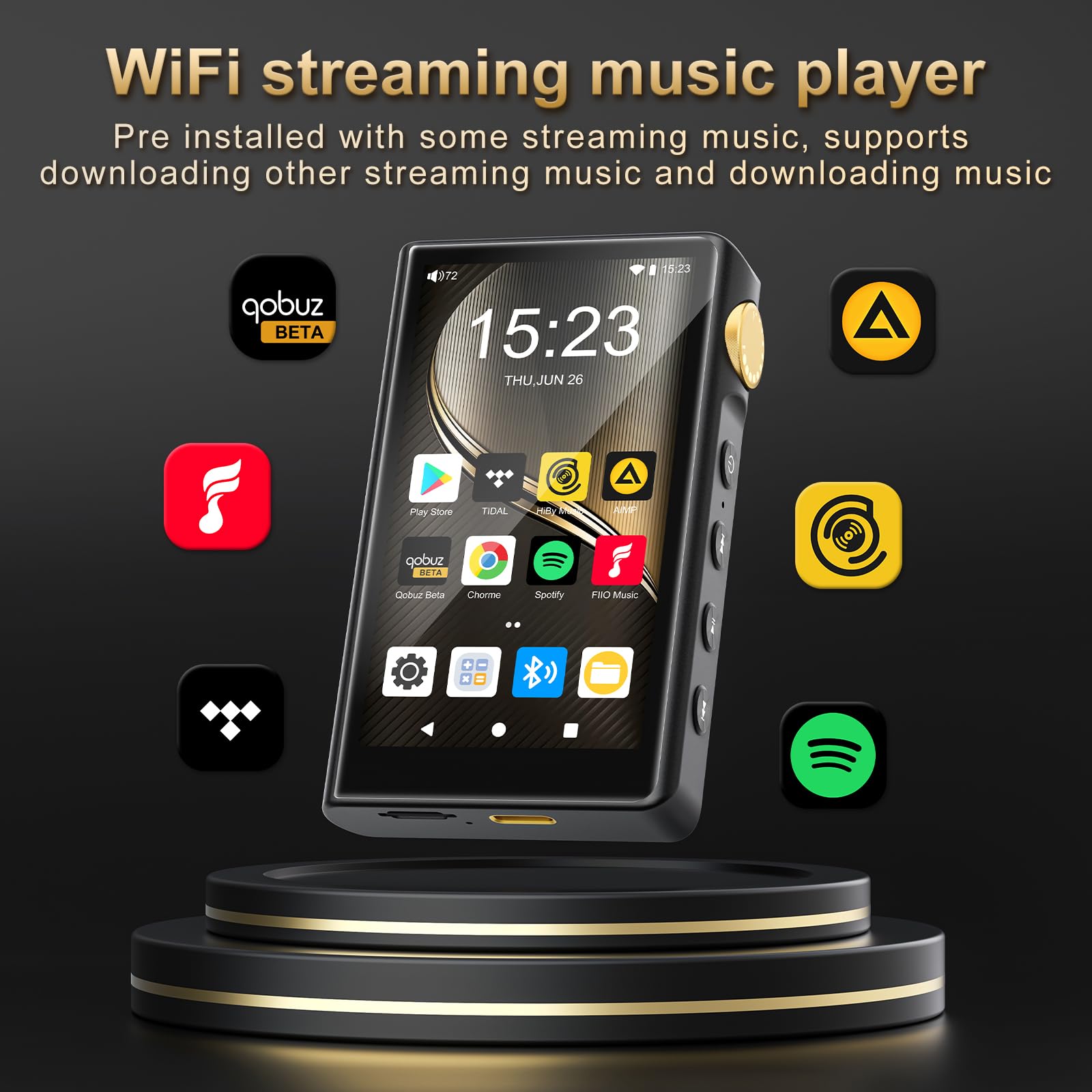 HiFi MP3 Player mit Bluetooth und WiFi, ZAQE Android 12 Hi-Res Music Player, Lossless DSD DAC Flac, Hochauflösender Musikplayer mit 64 GB Speicherkarte, unterstützt bis zu 512GB