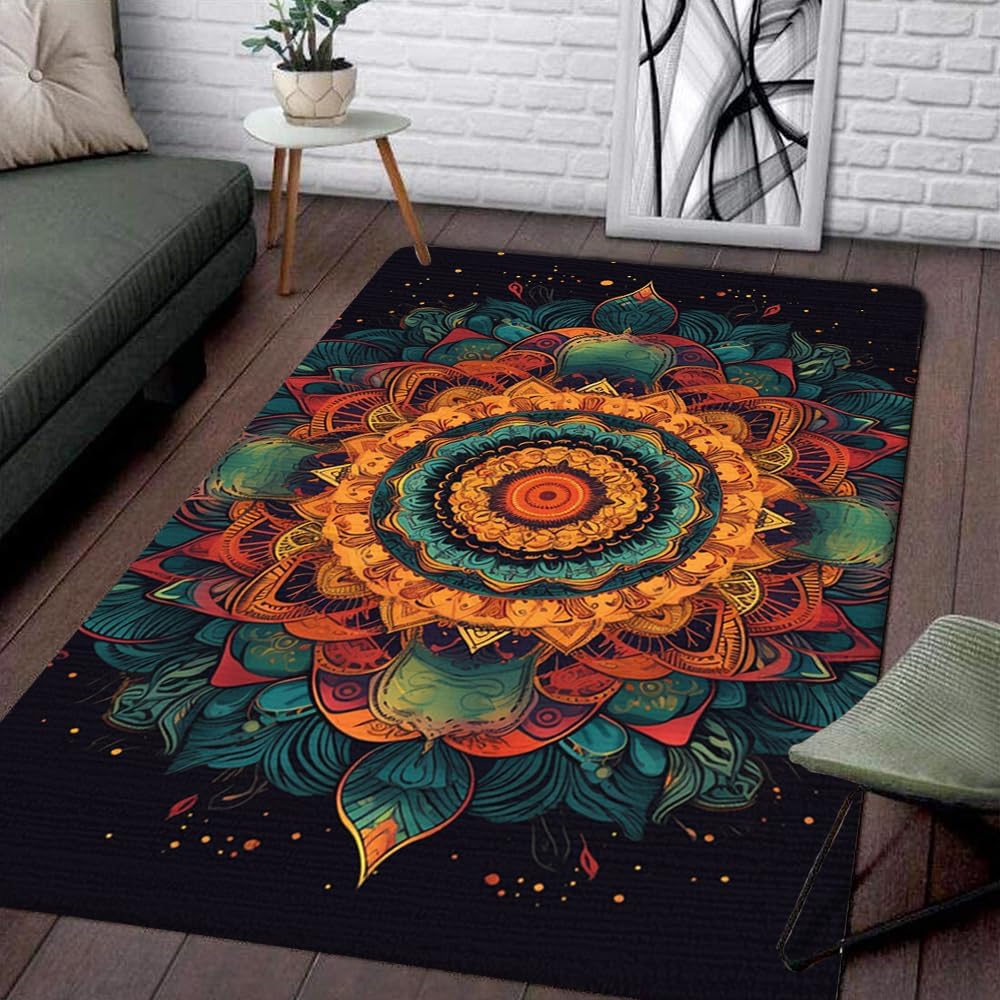 Black Mandala Area Rug - Hippie, Outdoor, Living Room, Non-Slip, Soft, Absorbent, Machine-Washable, Purple