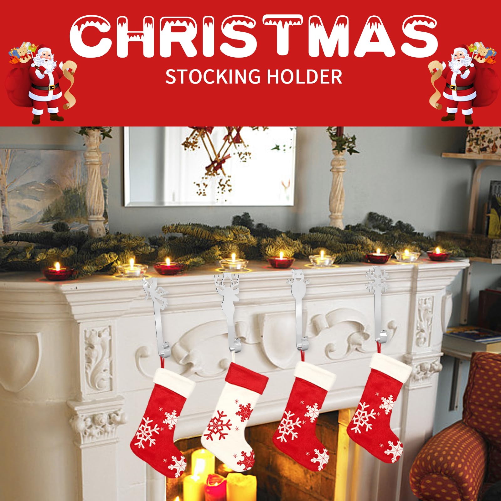 Set di 6 Ganci in Metallo con Motivo Natalizio Supporto per Calza di Natale Decorazioni Natalizie Ganci di Natale Porta Calze, Babbo Natale Pupazzo di Neve Alce Albero di Natale Supporti (Argento)