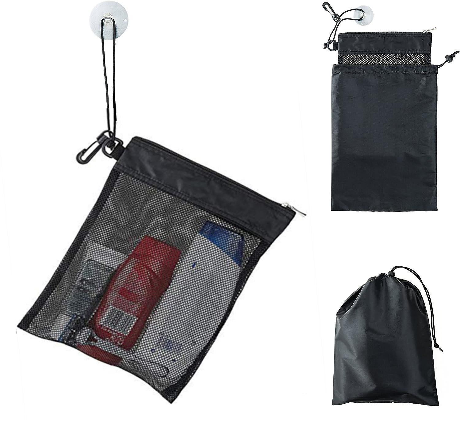 Shower Bag Tote, Mesh Shower Bag ，Portable Organizer, Compact and Lightweight With Suction Cup, Cord for Hanging, Zipper and Drawstring Pouch(12”L x 9”W, 14”L x 10”W)