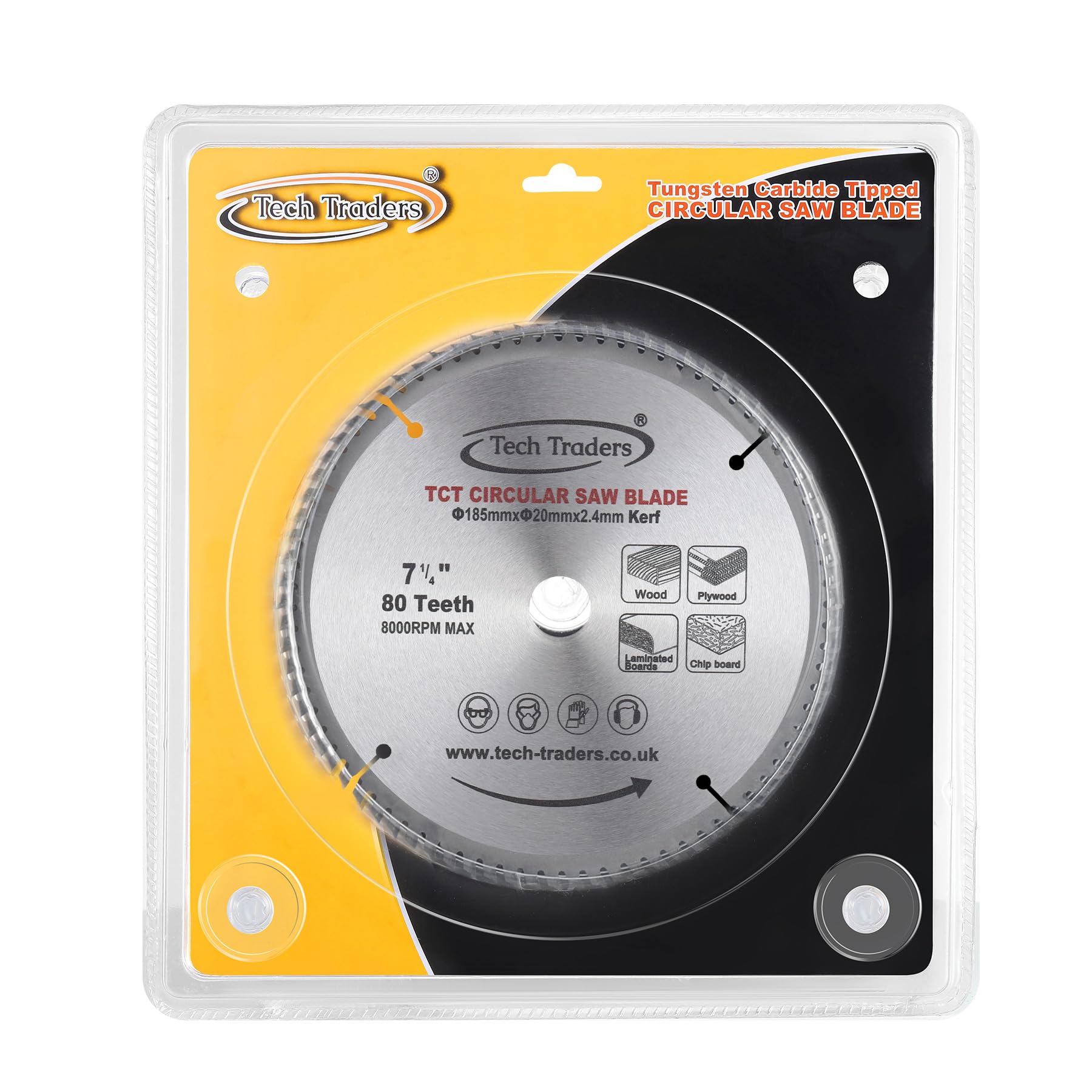 TCT18520B80T Tech Traders TCT Circular Saw Blade 185mm x20mm Bore 80T (16mm ring) fits Bosch Evolution Makita etc