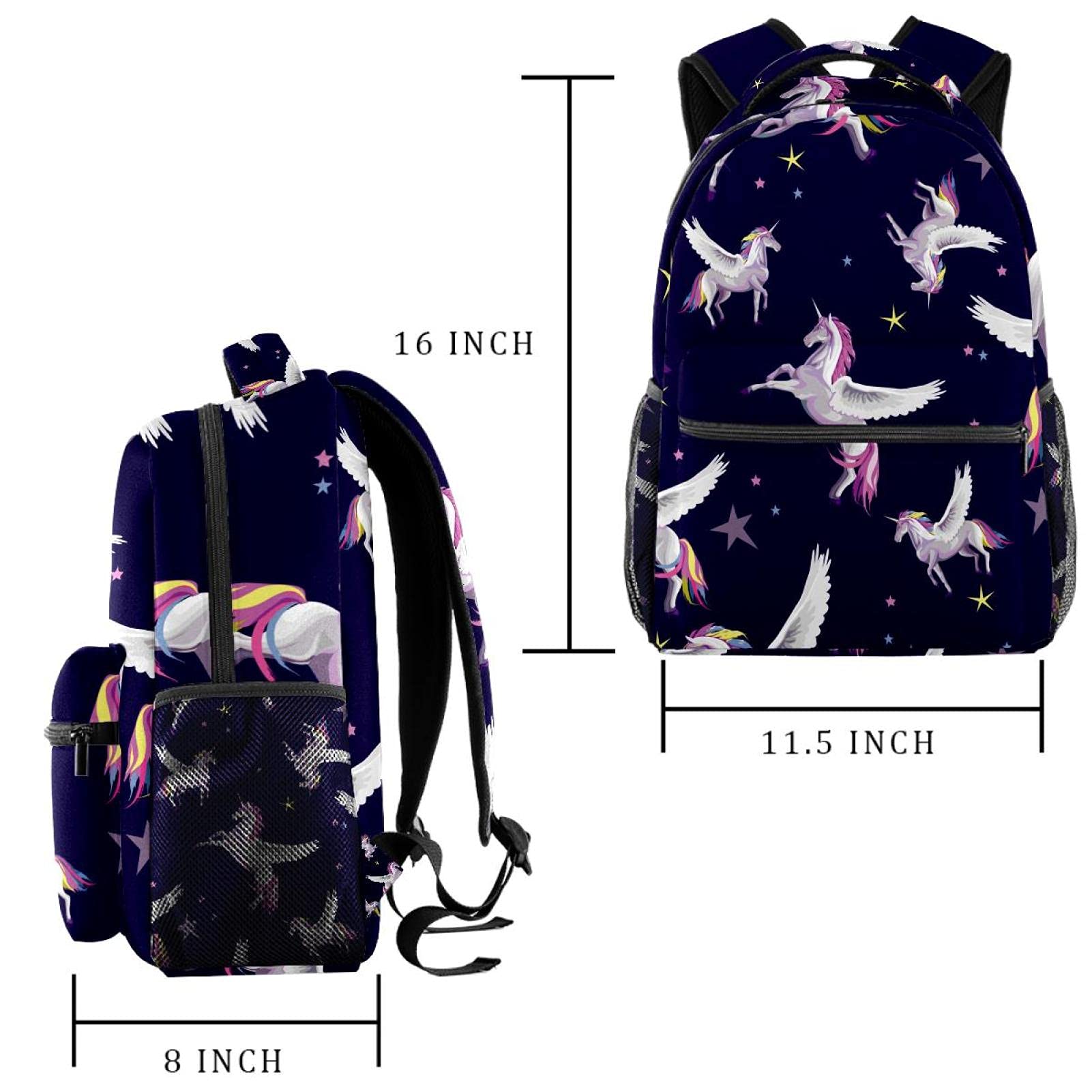 Wasserfarben Weltraum Einhorn Planet Stars Rucksack/Studentenrucksack/Schultasche/entzückende Büchertasche mit Seitentaschen für Jungen, Mädchen, Teenager, Angel Unicorn Star Night Navy Hintergrund