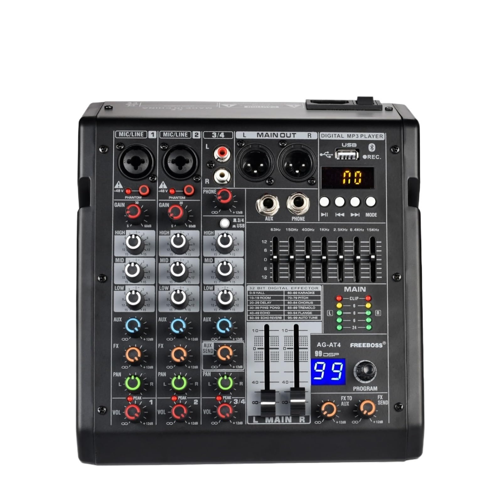 Mikser DJ-ski, 4-kanałowa konsola miksująca 99 efektów DSP Odtwarzanie USB Nagrywanie na komputerze Bluetooth Mikser dźwięku Impreza domowa 48V Mix Table AG-AT4