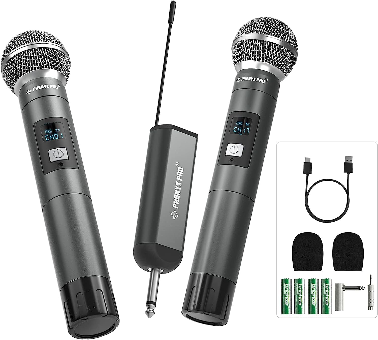 Phenyx Pro Dual Digital Wireless Microphone System, w/2 Handheld Dynamic Microphones,15 UHF Frequency Groups, Mini Receiver, Metal Cordless Mic for Karaoke,Church,DJ,Singing (PDP-2-2H)