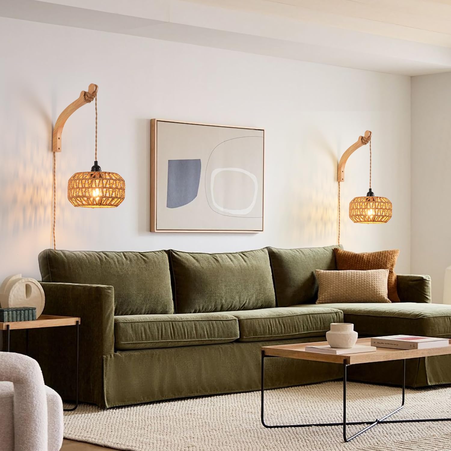 Plug in Wall Sconce,Farmhouse Wicker Wall Lamp Plug in,Hand Woven Rattan Wall Light Farmhouse Rustic Boho Sconces Wall Lighting for Living Room Bedroom