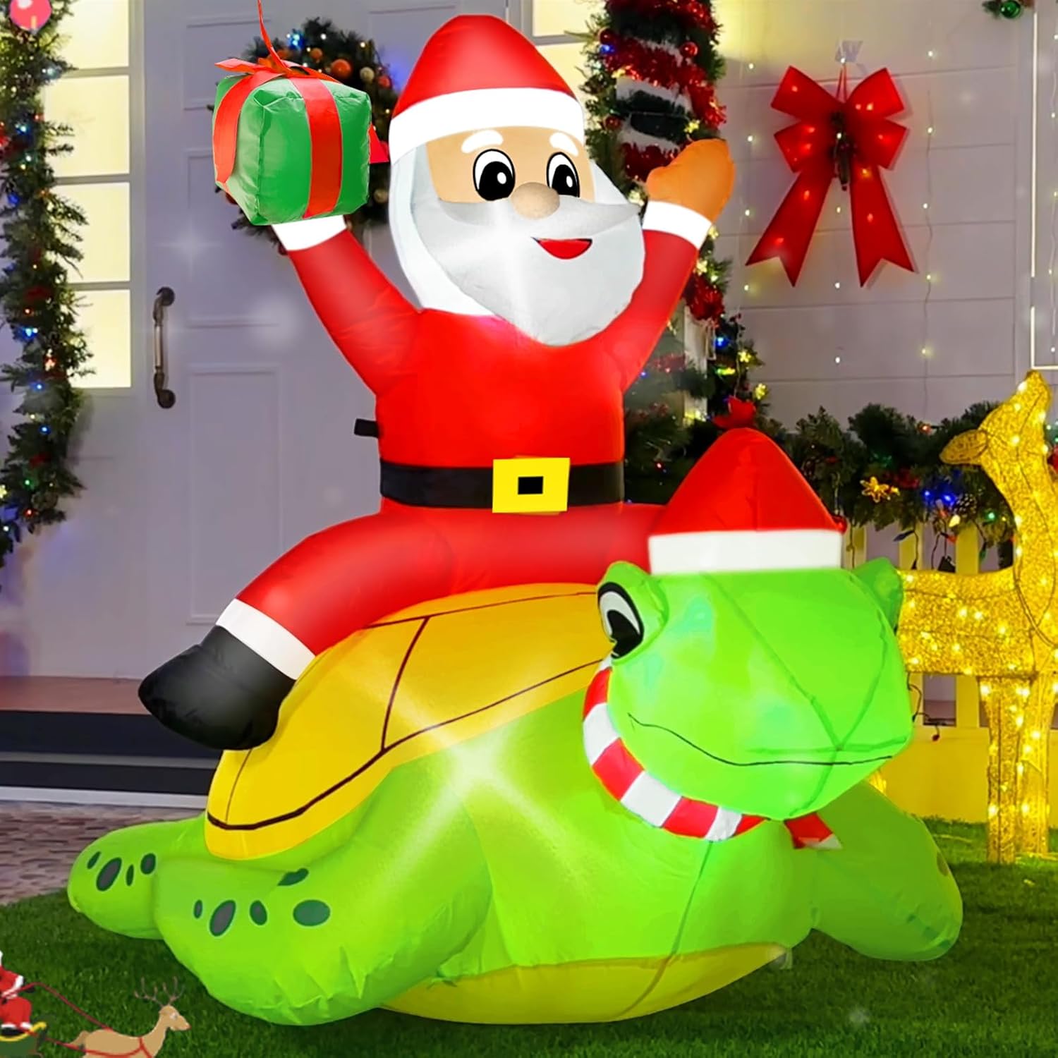 AMENON 5 FT by 4 FT Christmas Inflatables Santa Claus Ride on Sea Turtle Christmas Blow Up Yard Decorations Christmas Decorations Outdoor Built-in LEDs Xmas Decor Party Outside Holiday Lawn Garden