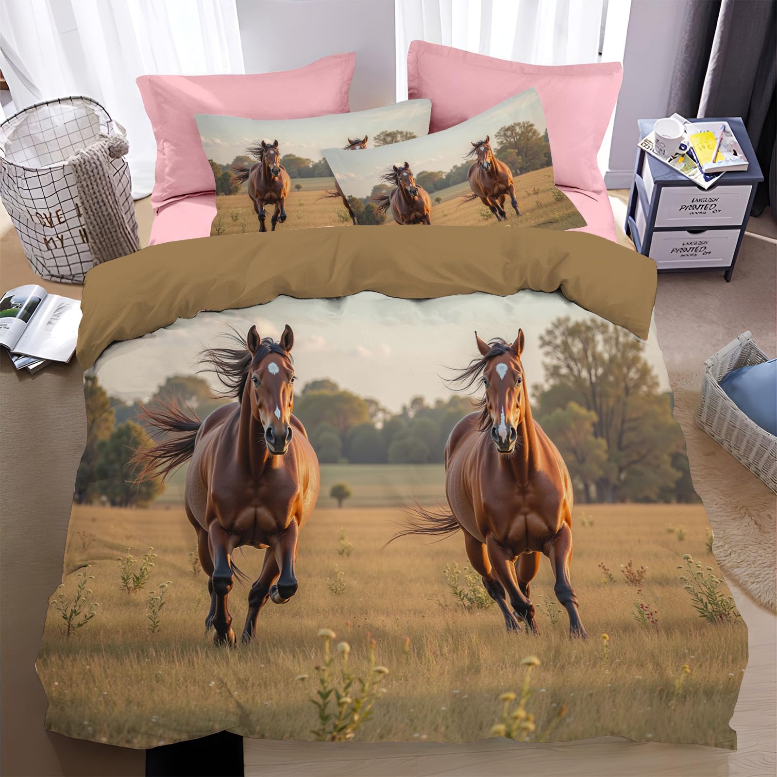 Housse de couette 220x240 cheval brun avec parure de lit 2 personnes