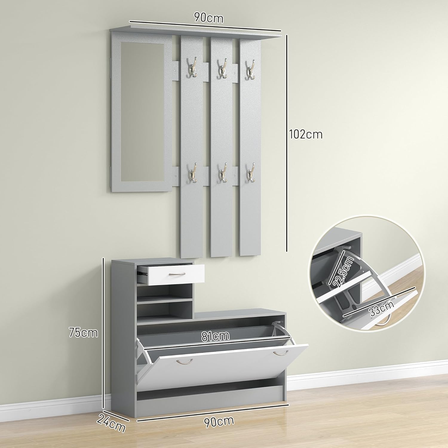 Detailed dimensions diagram of the HOMCOM Hallway Furniture Set, showing measurements for both the coat rack and the shoe cabinet.