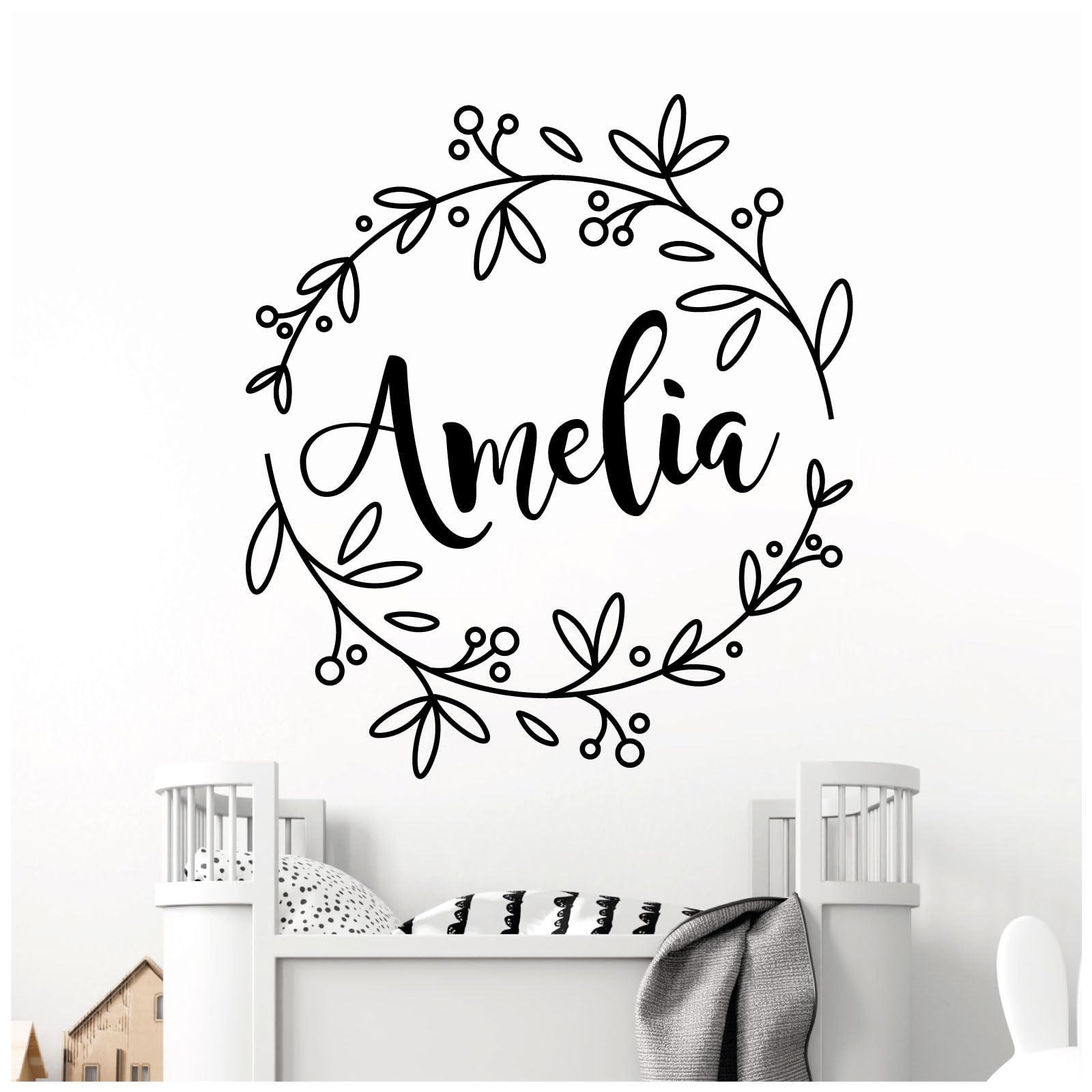Personalised Name - Floral Wreath - Nursery Vinyl Wall Decal Sticker [Medium] [Black]