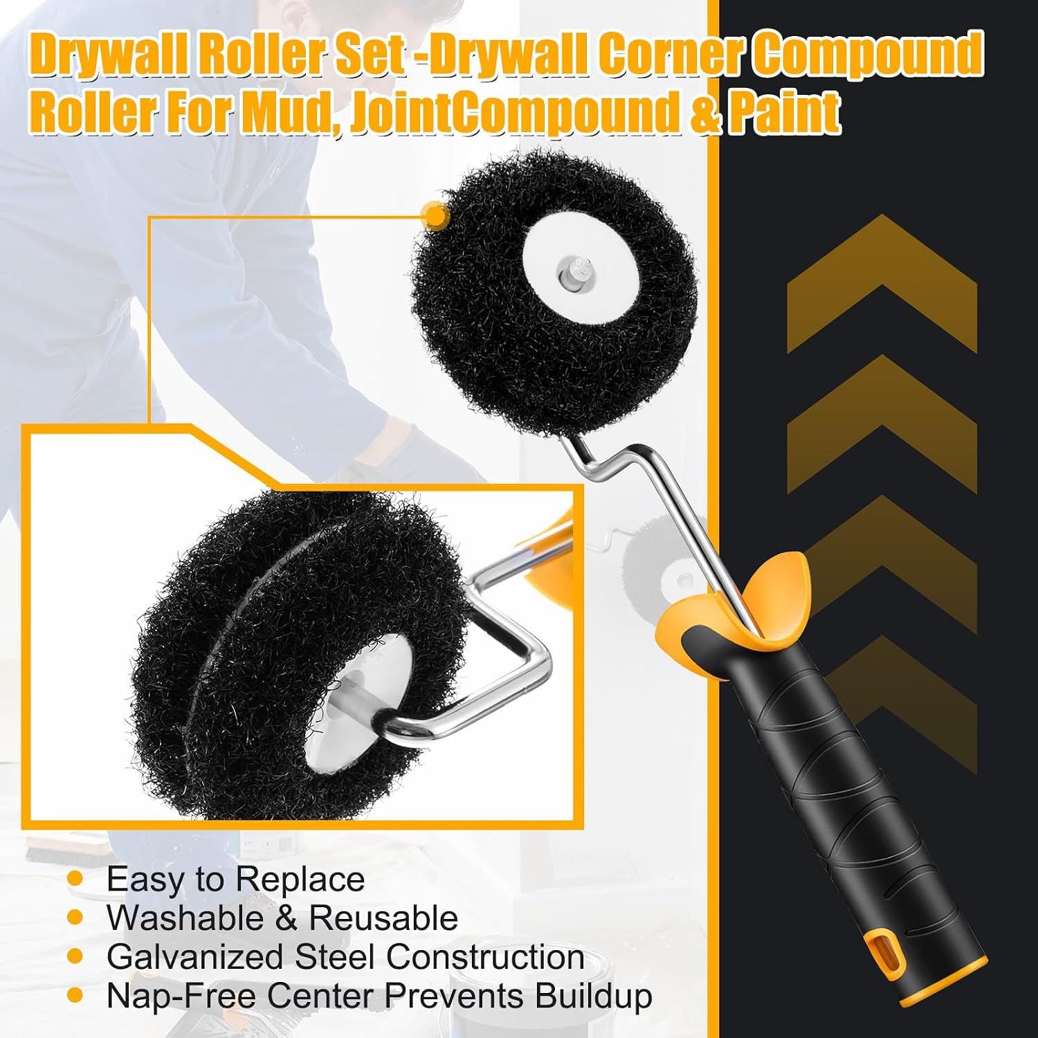Chumia 4 Inch Drywall Roller Kit with Corner Roller - 1 Standard Frame + 1 Corner Frame, Each with 1 Replacement Cover, for Joint Compound, Drywall Mud & Paint Application