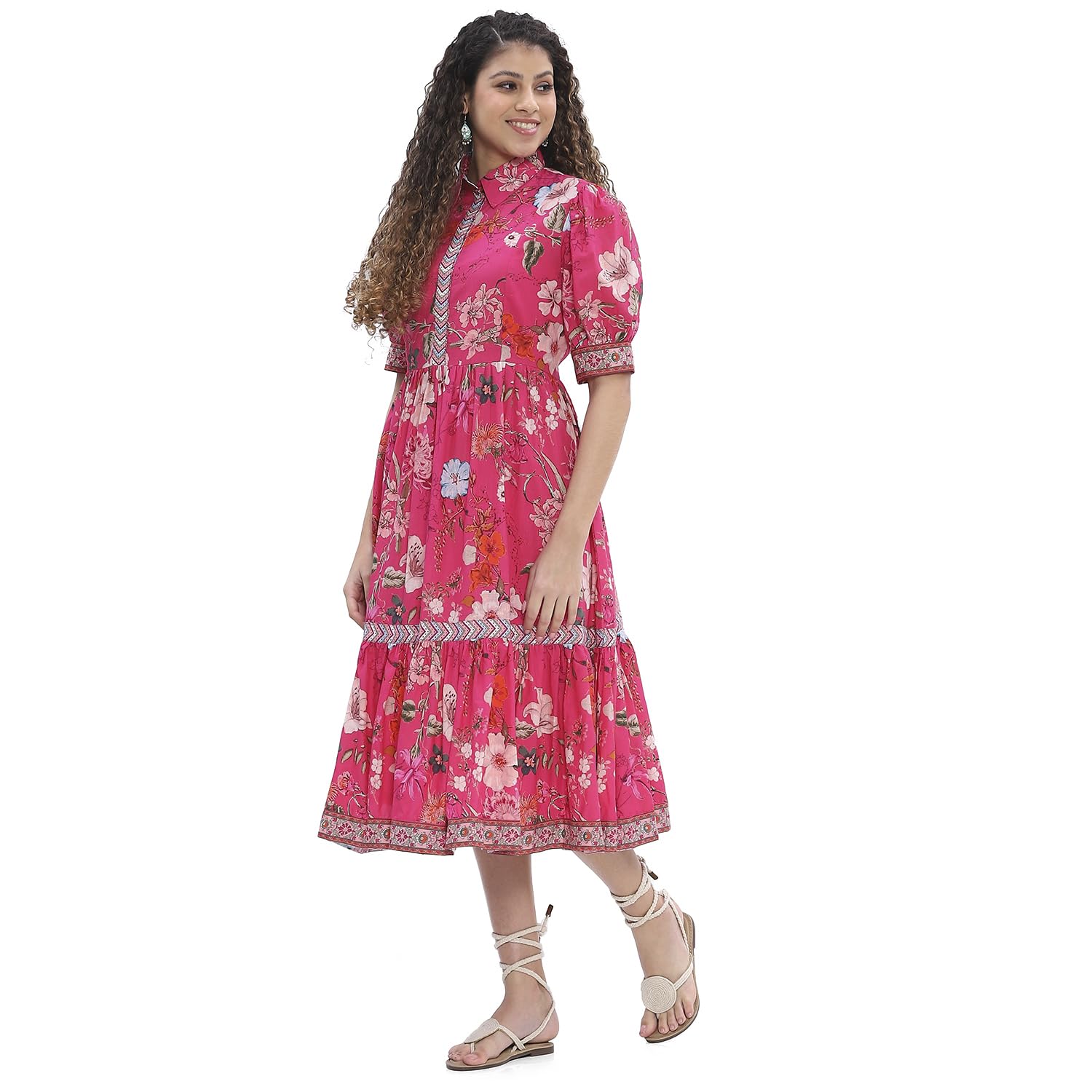 Biba Women's Cotton Tiered Floor Length Dresses (SMBLS3012SS25PNK_Pink