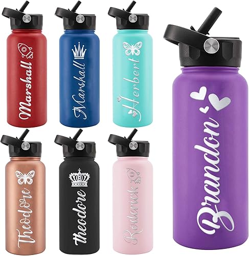 Botellas de agua personalizadas para niños con tapa con pajilla, botellas de agua personalizadas con nombres personalizados, botellas de agua de