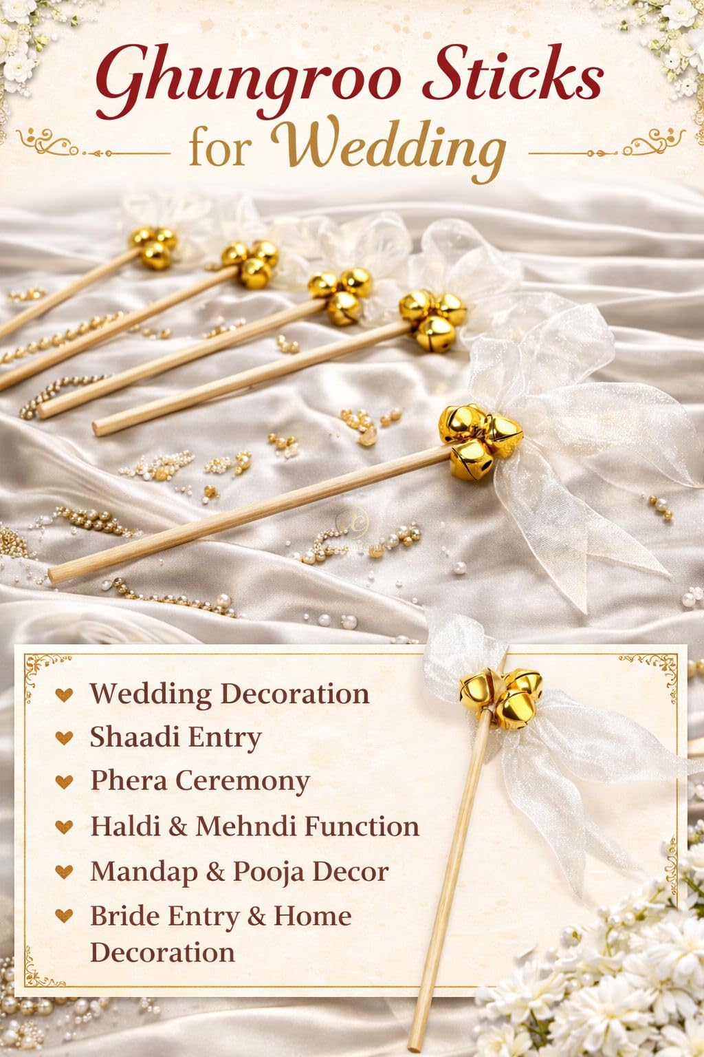 Arrakasta Crafts White Wedding Ghungroo Bell Sticks Set of 20 | Wooden Ribbon Wands for Bride Groom Entry, Sangeet Dance, Phera Ceremony & Baby Shower Decoration Props 1