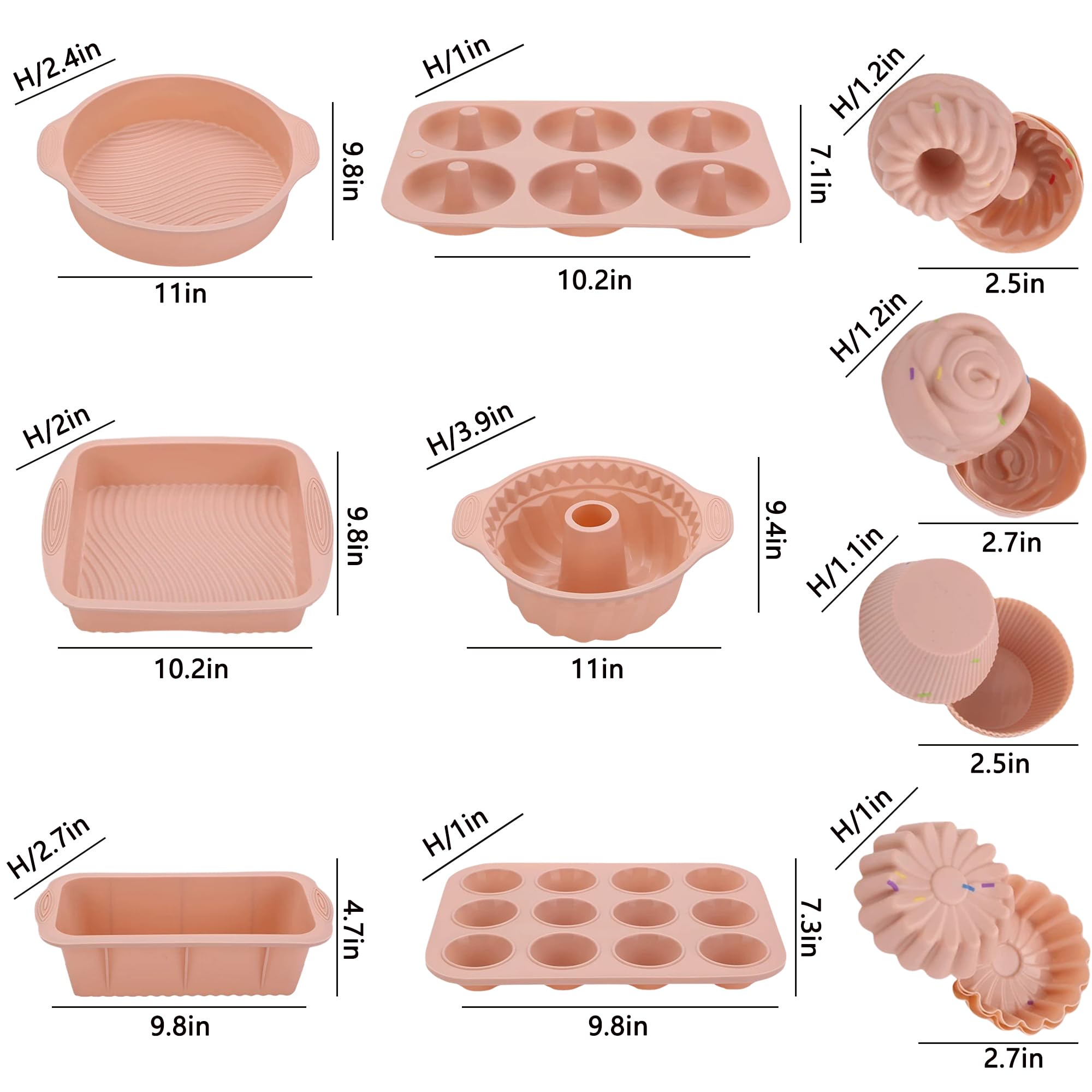 30PCS Silicone Baking Set: Nonstick Silicone Bakeware Sets Including Baking Sheet, Cake Mold, Cake Pan, Toast Mold, Muffin Pan, Donut Pan, and 24 Cupcake Mold Baking Cups Set (Pink)