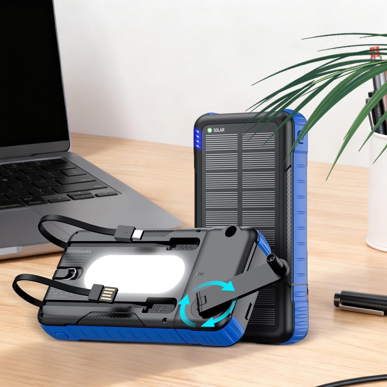 Caricatore Solare Power Bank Power Bank Impermeabile 20000mAh | Caricatore Solare Con Manovella Batteria Portatile per Viaggio Pesca Campeggio Escursionismo Viaggio Zaino in Spalla