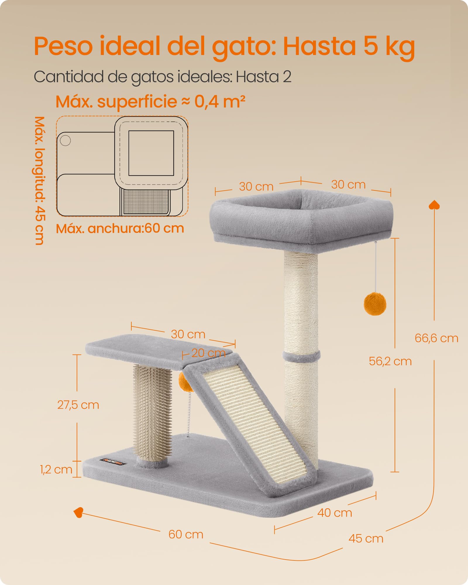 Feandrea Rascador con Cama, Rascador Multifuncional con Rampa Giratoria, Plataforma, Auto-Aseador, Pompones, Pequeño Árbol para Gatos de Interior, Gris Claro PCA024G01
