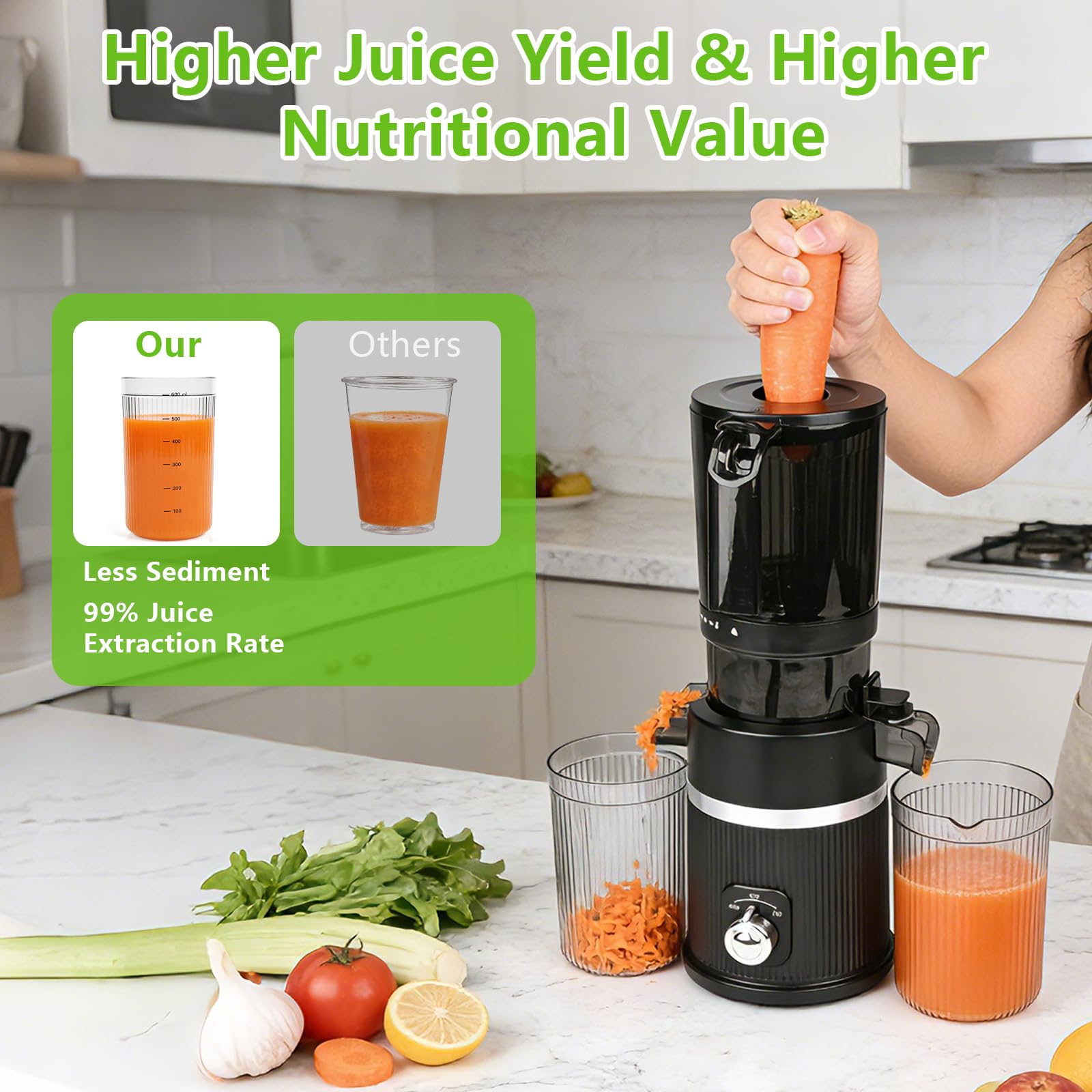 Sokowirówka Slow Juicer 200 W z dużym otworem wlotowym 112 mm do całych warzyw i owoców, zwycięzca testu, nie zawiera BPA, łatwa do czyszczenia, czarna