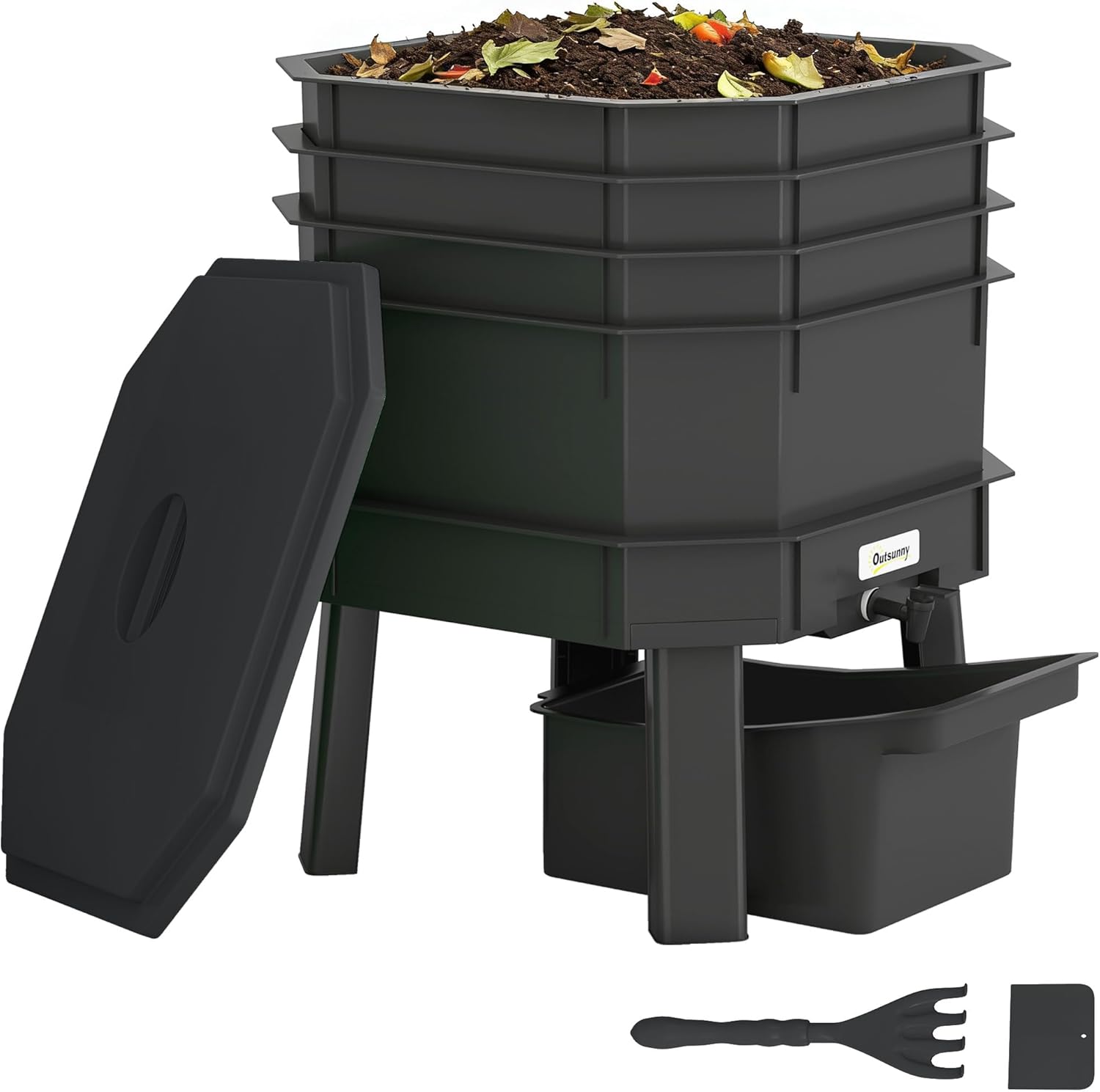 Outsunny 4-Tray Worm Composter Bin, 7.4 Gal Outdoor & Indoor Worm Composter, Farm Starter Kits for Vermicomposting Starter, Garden Composting Bin for Recycling Food Waste, Black