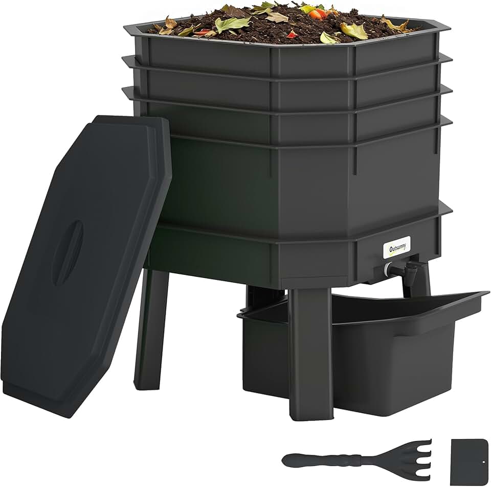 Outsunny 4-Tray Worm Composter Bin, 7.4 Gal Outdoor &amp; Indoor Worm Composter, Farm Starter Kits for Vermicomposting Starter, Garden Composting Bin for Recycling Food Waste, Black