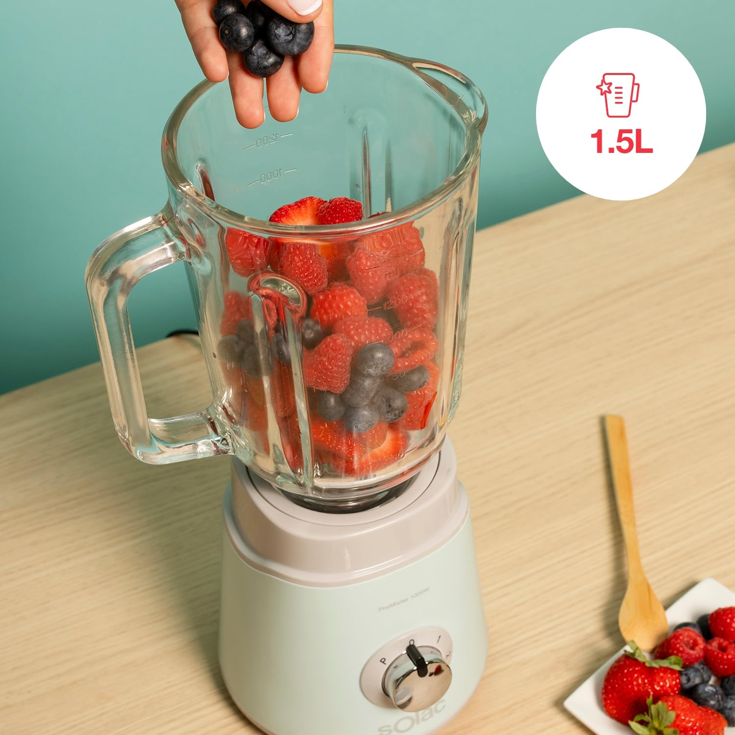 Solac Blender Pro Mixter 1000 | 1000 W, 1,5 l, 2 prędkości + Turbo, 4-ostrzowe zdejmowane ostrza do lodu, kruszarka do lodu, bezpieczeństwo, możliwość mycia w zmywarce, akcesoria w zestawie, niebieski