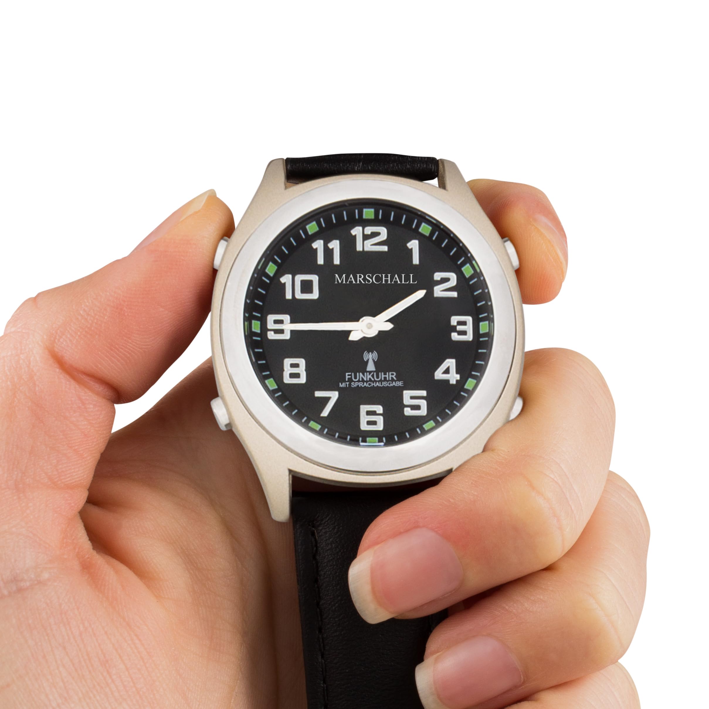 Marschall Deutsch sprechende Herren Funk-Armbanduhr I 1130L I Für Blinde, Senioren und Sehbehinderte I Datum- und Zeitansage I Extra große Zeiger I Schwarzes Lederarmband