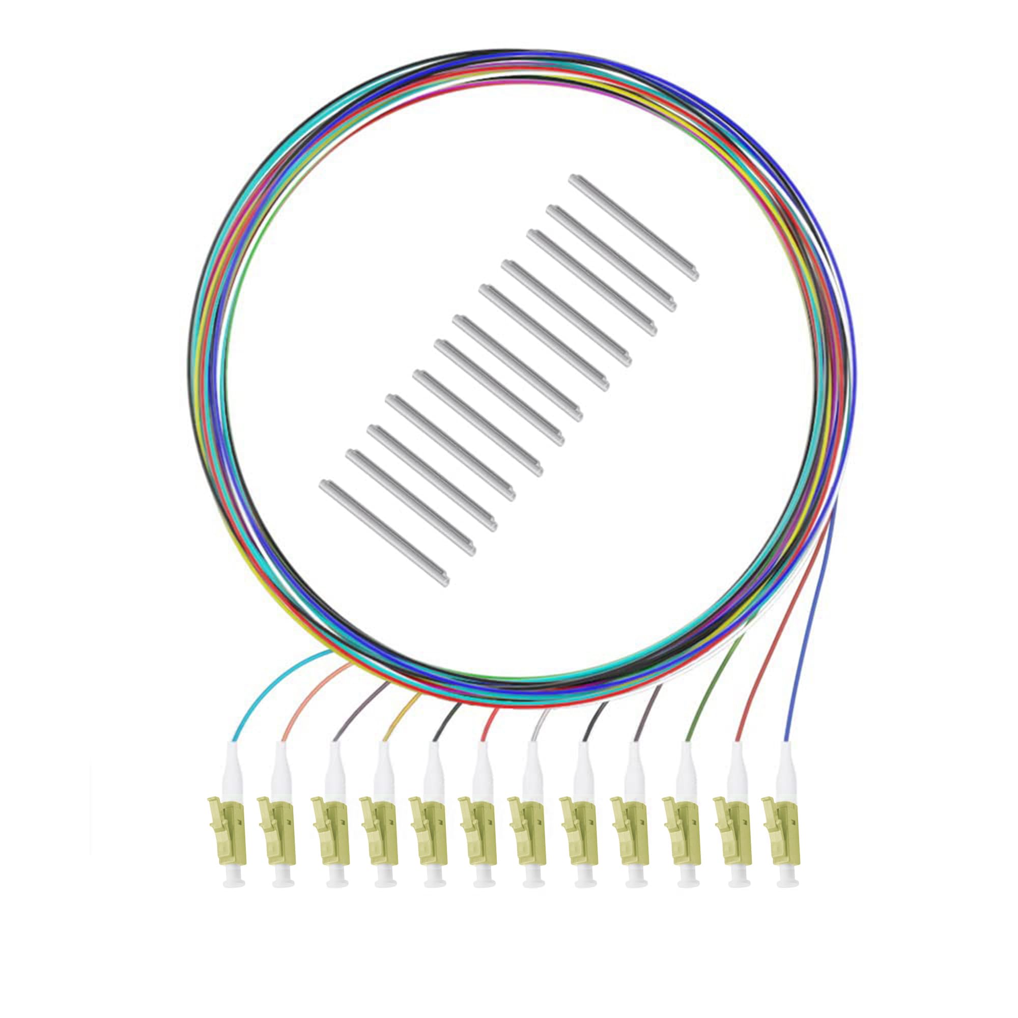 12 Strand Multi-Mode LC OM1 Fiber Optic Pigtails for Fusion Splicing. Includes 12 Fiber Optic Fusion Splice Protective Shrink Sleeves φ2.5-60 mm Long